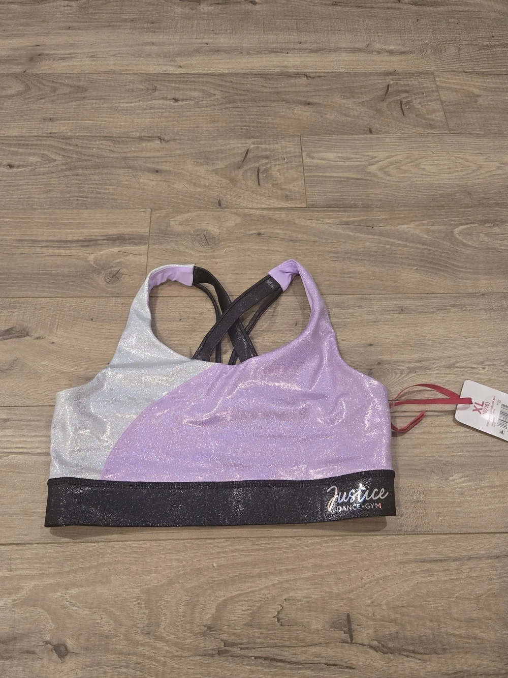 NWT Justice Girls Strappy Back Sports Bra Metallic Lavender Silver Size XL 16/18